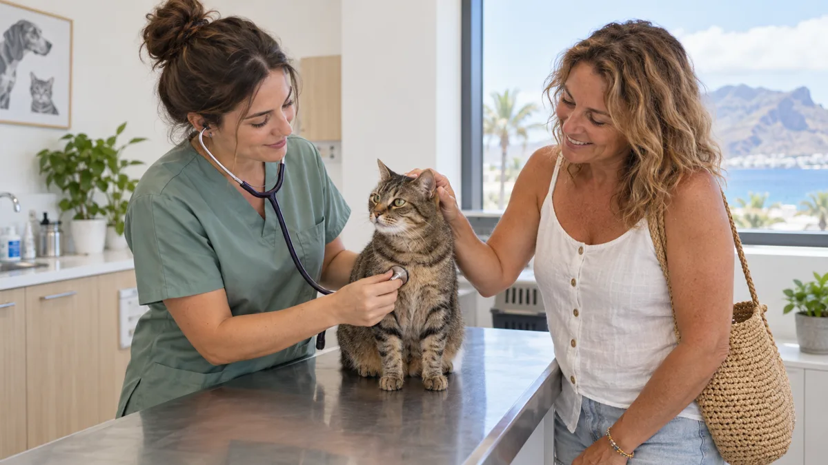 Una veterinaria ausculta a un gato mientras su dueña lo acaricia