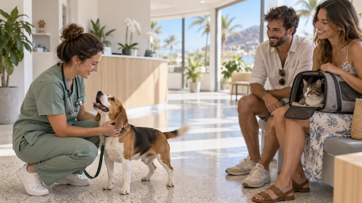 Una veterinaria recibe a un beagle mientras una pareja espera con su gato en el transportín